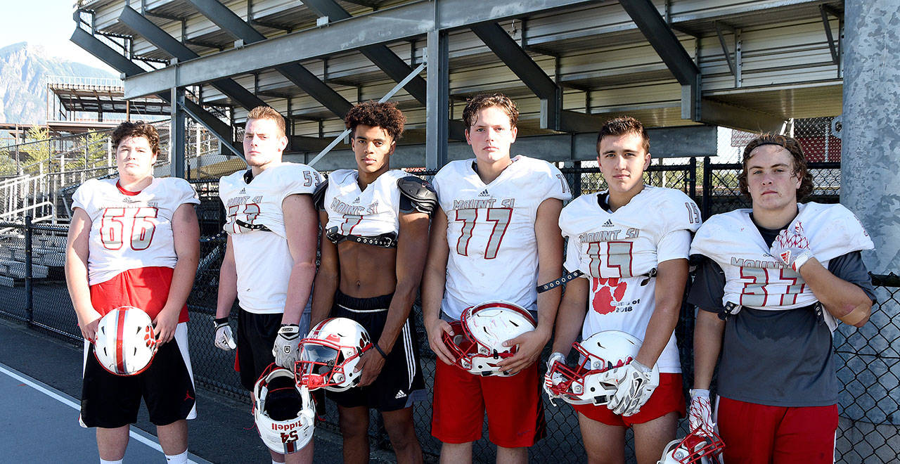 Captains of the Mount Si High School football team are, from left, Collin Fleisch, Tank Brewster, Jesiah Irish, Michael Colins, Connor Holt and Kyle Fraser. Carol Ladwig/Staff Photo