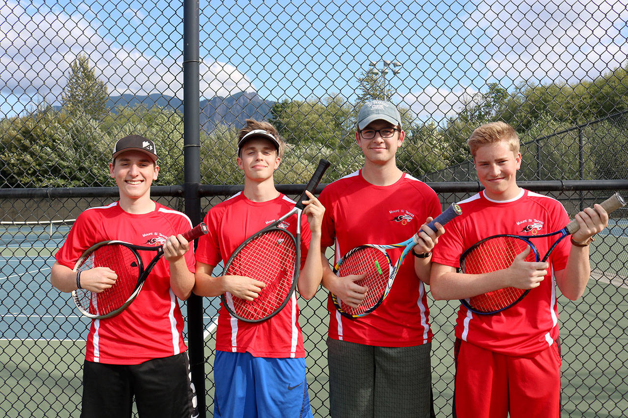 Mount Si Varsity Boys Tennis seniors Joey Lane, Maddox Malcolm, Tyler Moss and Skyler Woolf. (Evan Pappas/Staff Photo)