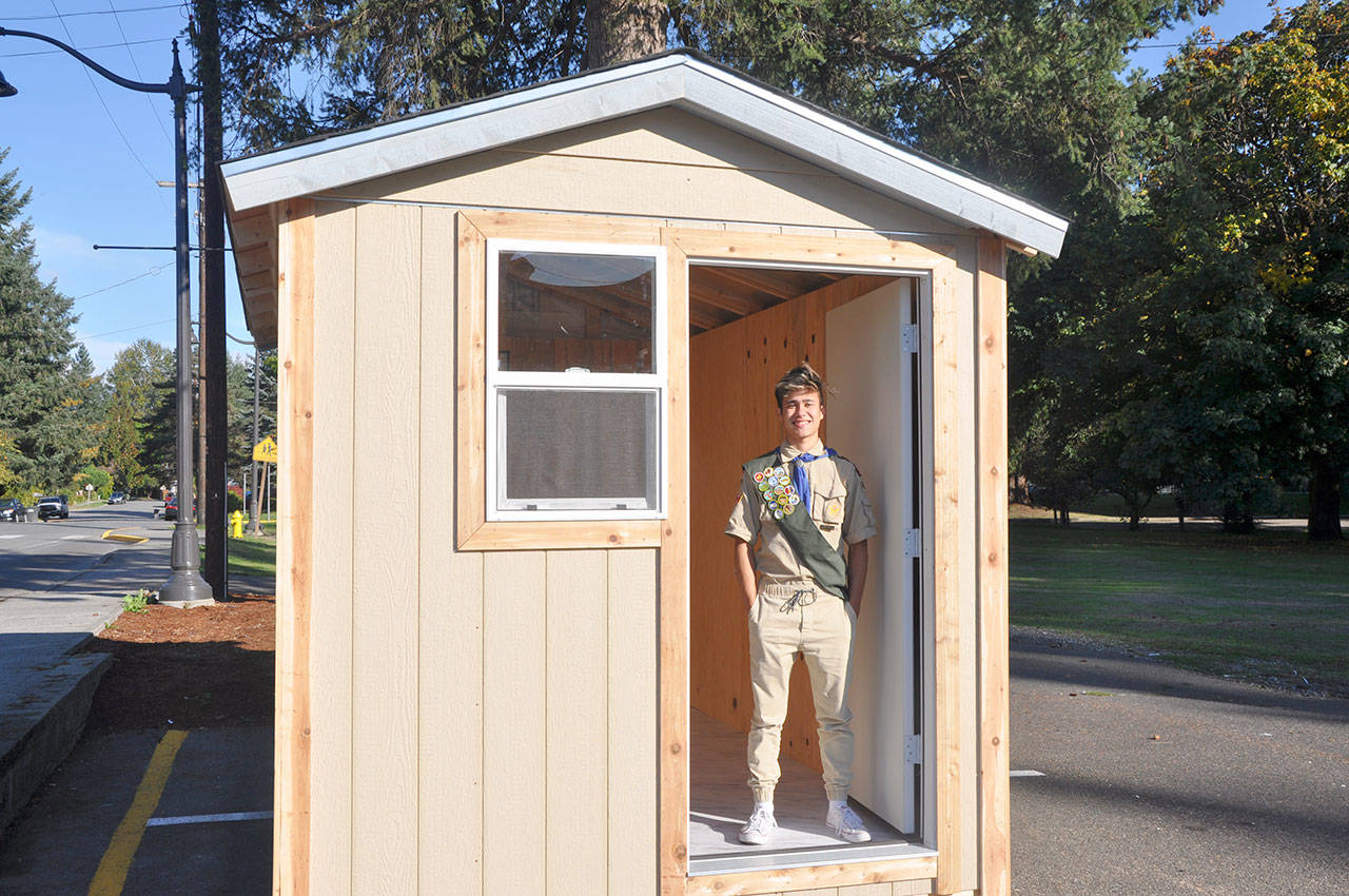 Jarred Flowers built a tiny house as part of his Eagle Award project. He intends to donate it to a tiny house camp for the homeless in Seattle through the Low Income Housing Institute. (Courtesy Photo)