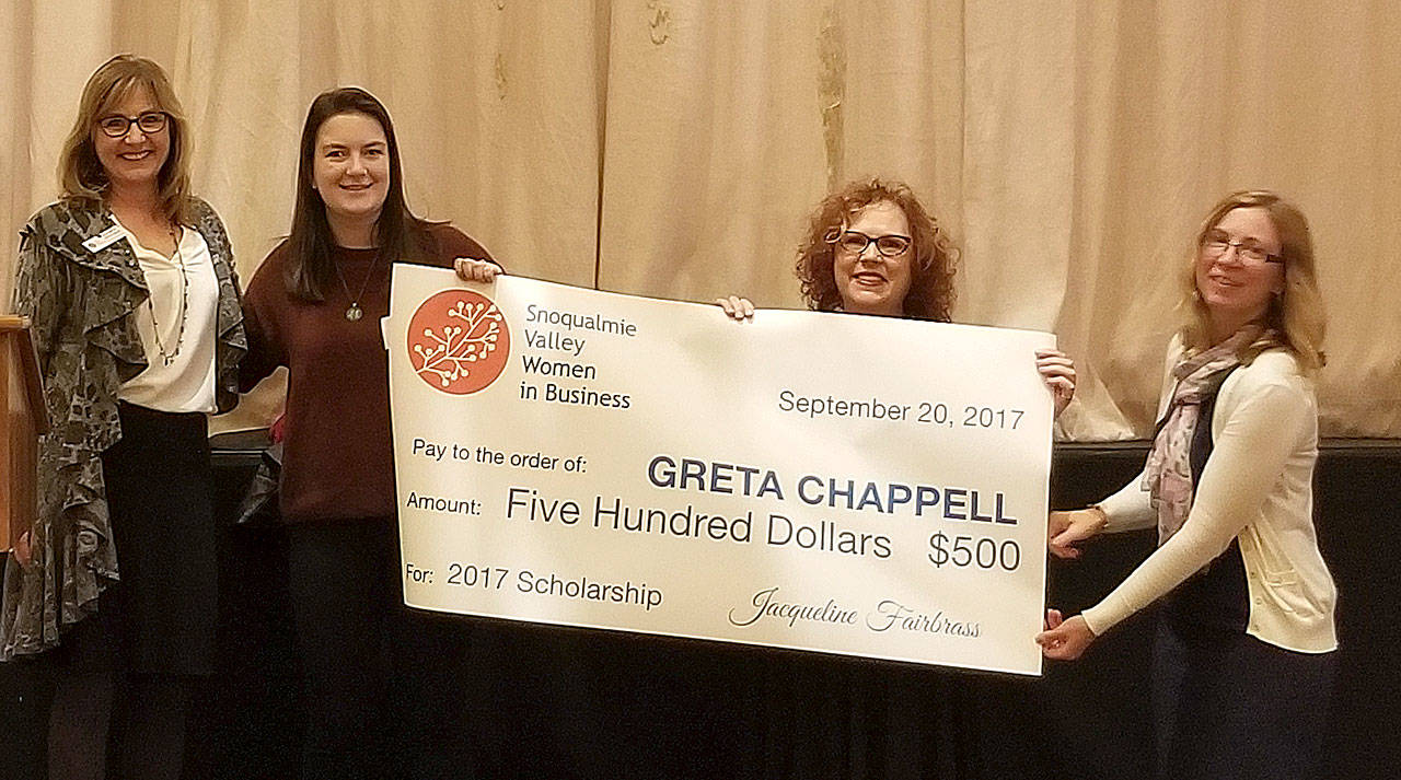 Snoqualmie Valley Women in Business awarded local student Greta Chappell, second from left, with a $500 scholarship at the organization’s Sept. 20 Member Appreciation Luncheon. Pictured wtih Chappell, from left, are Kathryn Stueckle, Jacqueline Fairbrass and Susann Hussels. (Courtesy Photo)