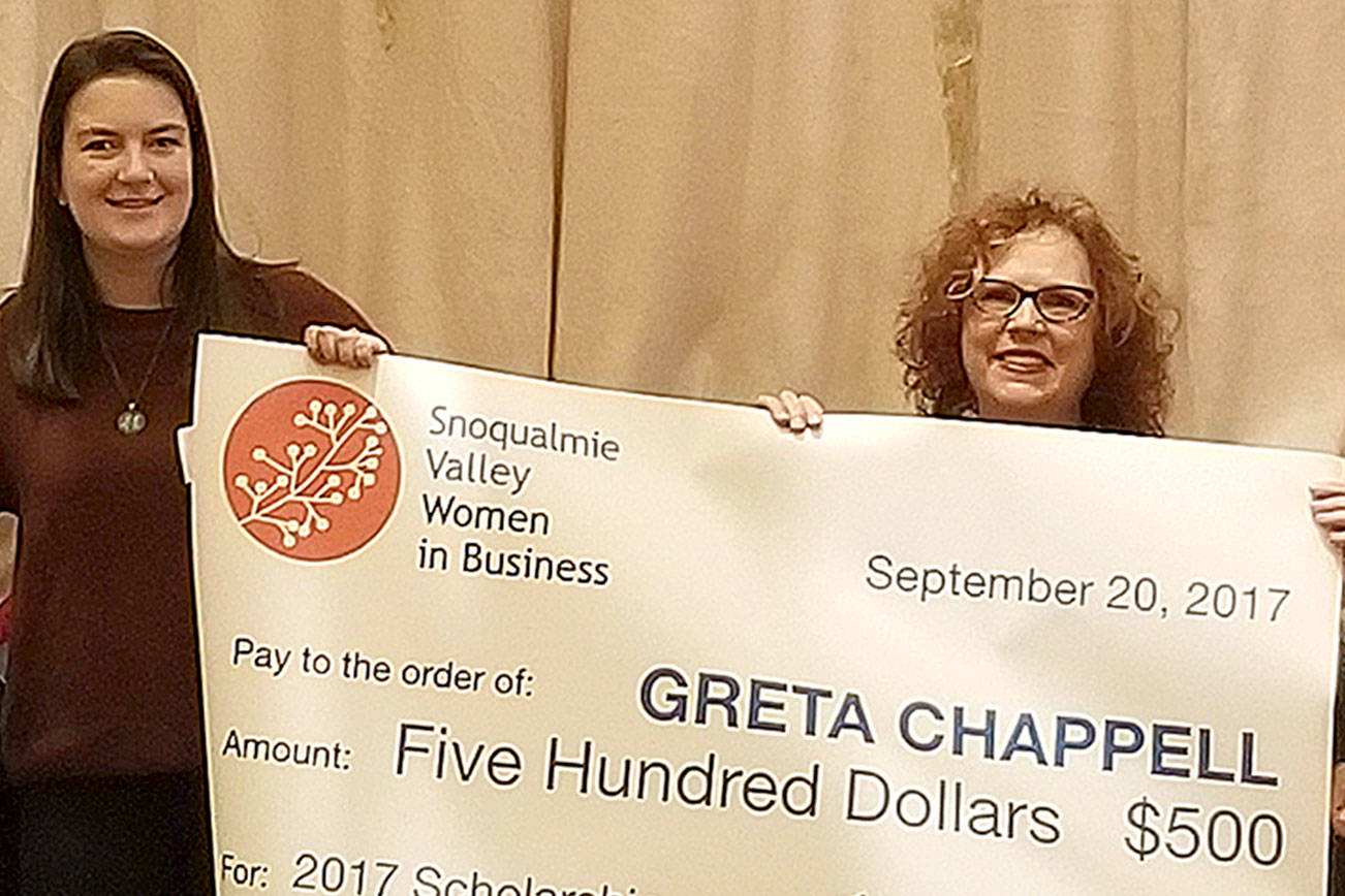 Snoqualmie Valley Women in Business award $500 scholarship to Greta Chappell