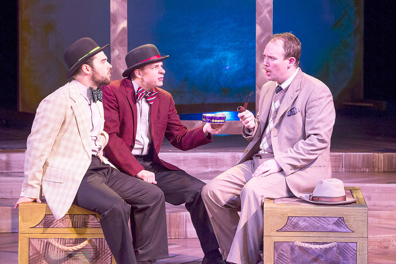 James Tweedale, right, of North Bend, rehearses a scene with Matt Bender and Sean Pollock. (Courtesy Photo)