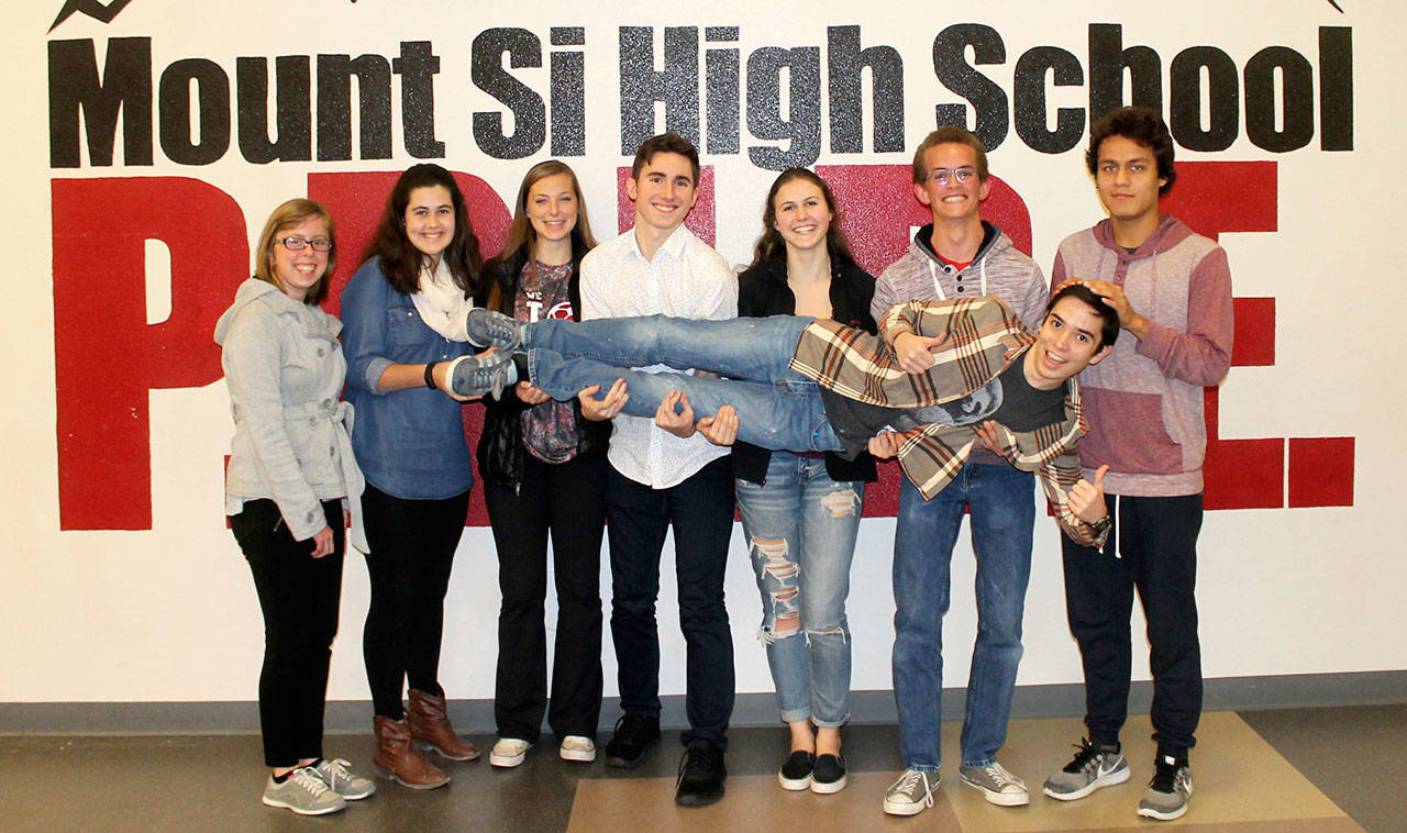 Mount Si’s Class of 2018 National Merit Scholars. From left, Julia Crumb, Briana Dowling, Olivia Henning, Liam Cole, Mallory Golic, Tyler Bateman, Andy Pantoja, Nicholas Young (in front), and Amanda Linder (not pictured). (Courtesy Photo)