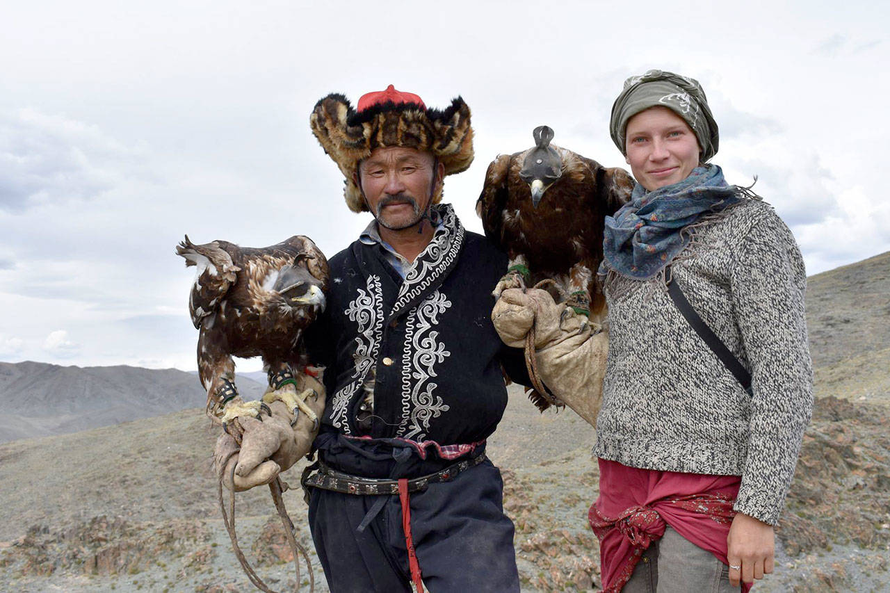 Zuniga stands with Dalaikhan who used his son’s eagle to teach her the tradition of hunting with golden eagles. (Courtesy Photo)