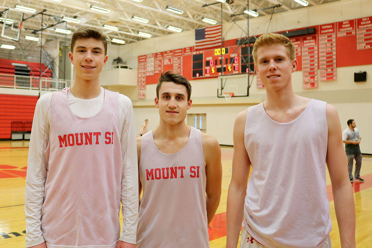 Mount Si High Schools varsity boys basketball team captains are, from left, Tyler Patterson, Brenden Botten and Jabe Mullins. (Evan Pappas/Staff Photo)