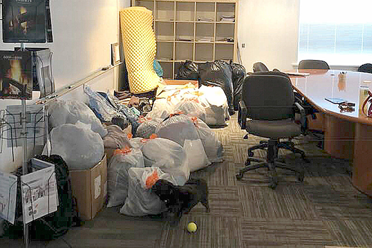 Donations of supplies fill a quarter of the All-Star conference room. The Fall City business will take donations for the homeless through Dec. 20. (Courtesy photo)
