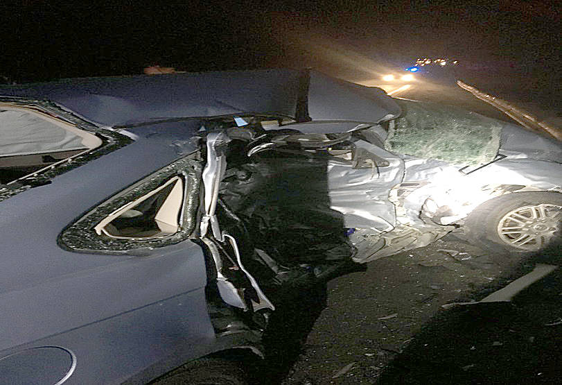 A driveline in the roadway Dec. 13 on S.R. 18 caused the accident that killed the driver of this crumpled Ford Focus. State troopers are seeking dashboard video and other information to help identify the vehicle that lost the driveline. (Courtesy Photo)