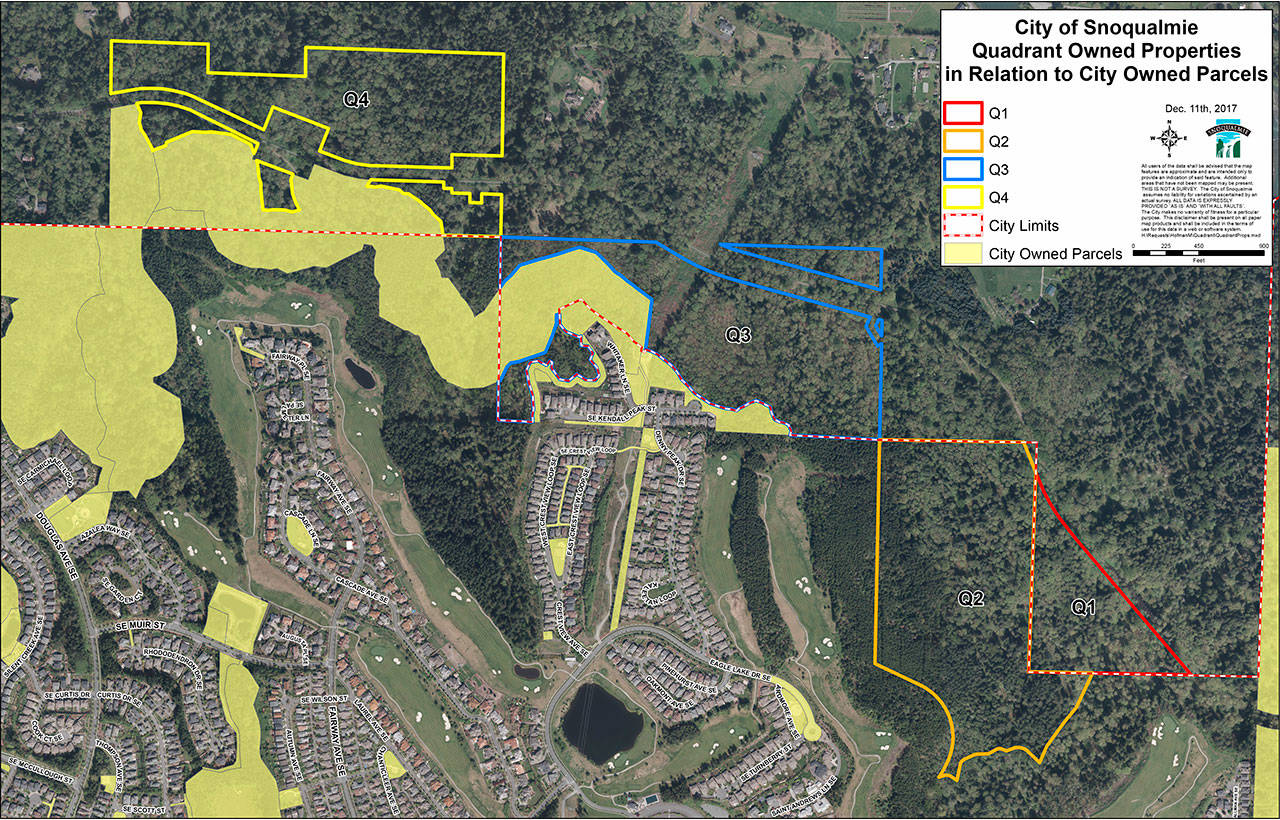 The four Quadrant owned properties being conveyed to the city of Snoqualmie. Sections marked Q1, Q3, and Q4 are outside of the city limits, with Q2 being the only property inside the city. (Courtesy image)