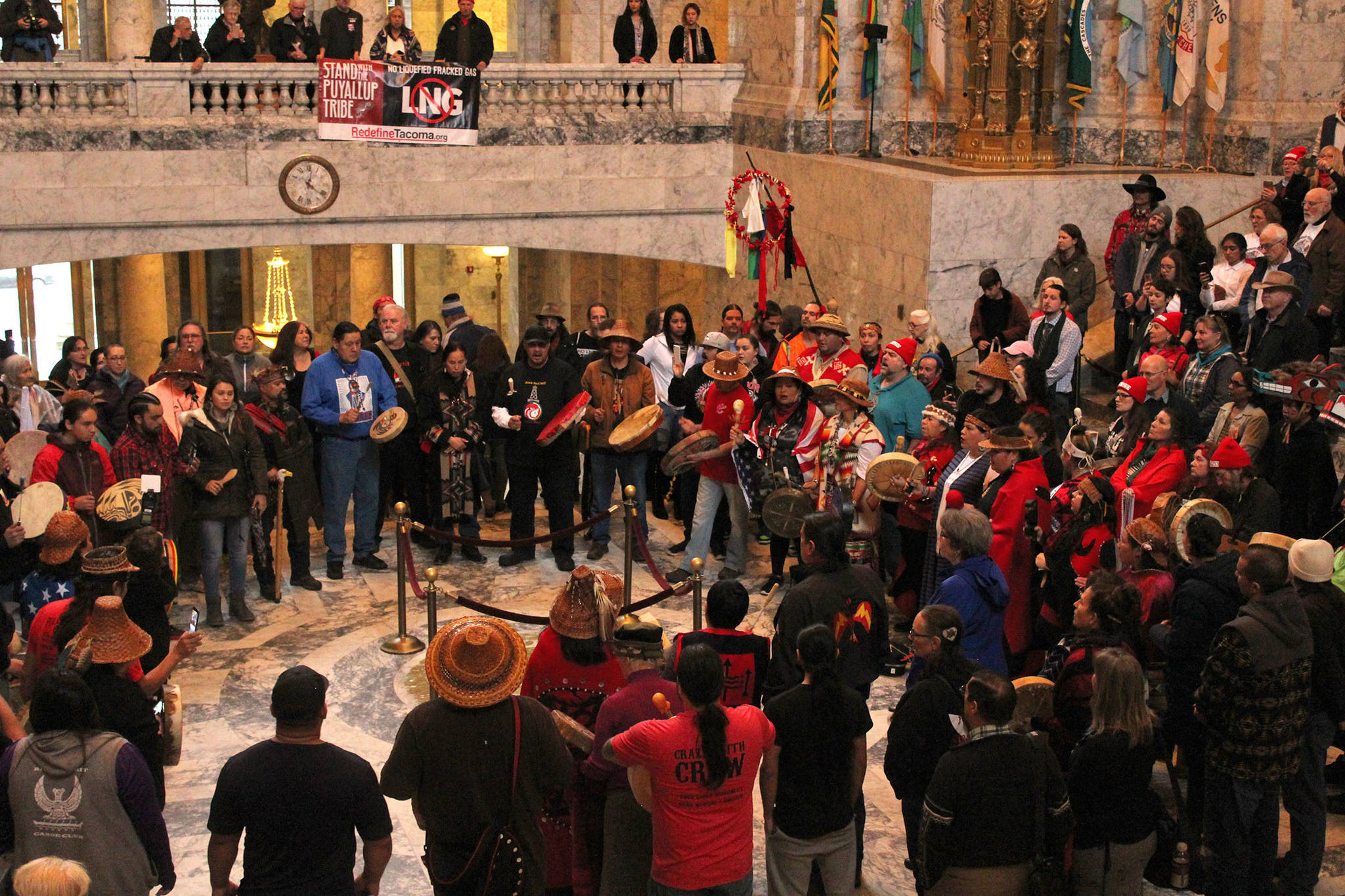 Washington Native American tribal members lobbied their legislators while filling the Capitol with the sound of drums on Tuesday. Photo by Taylor McAvoy