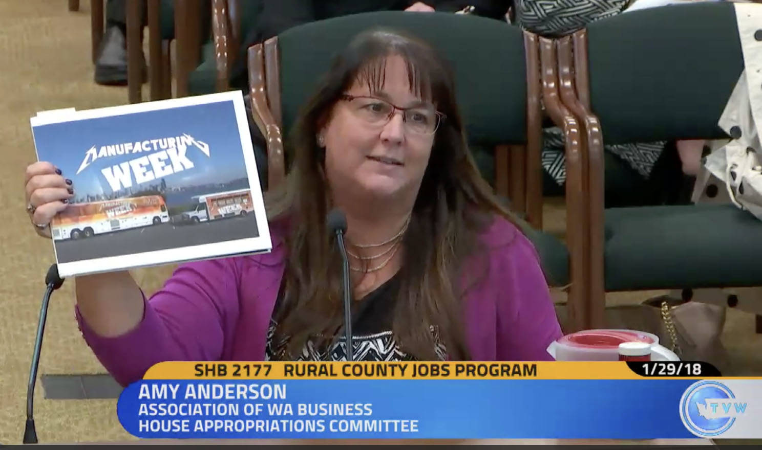 Amy Anderson, government affairs director of the Association of Washington Businesses, shows lawmakers the association’s review of 70 Washington manufacturers at the hearing for HB 2177 on Monday, Jan. 29. She said every industry expressed a need for skilled workers. Screenshot courtesy of TVW