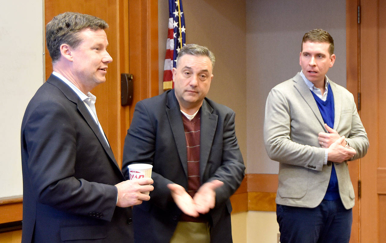 Legislators from Washington’s 5th District, from left, Mark Mullet (D-Issaquah), Jay Rodne (R-Snoqualmie) and Paul Graves (R-Fall City) met with citizens in three town hall meetings Saturday, Feb. 17. (Carol Ladwig/Staff Photo)