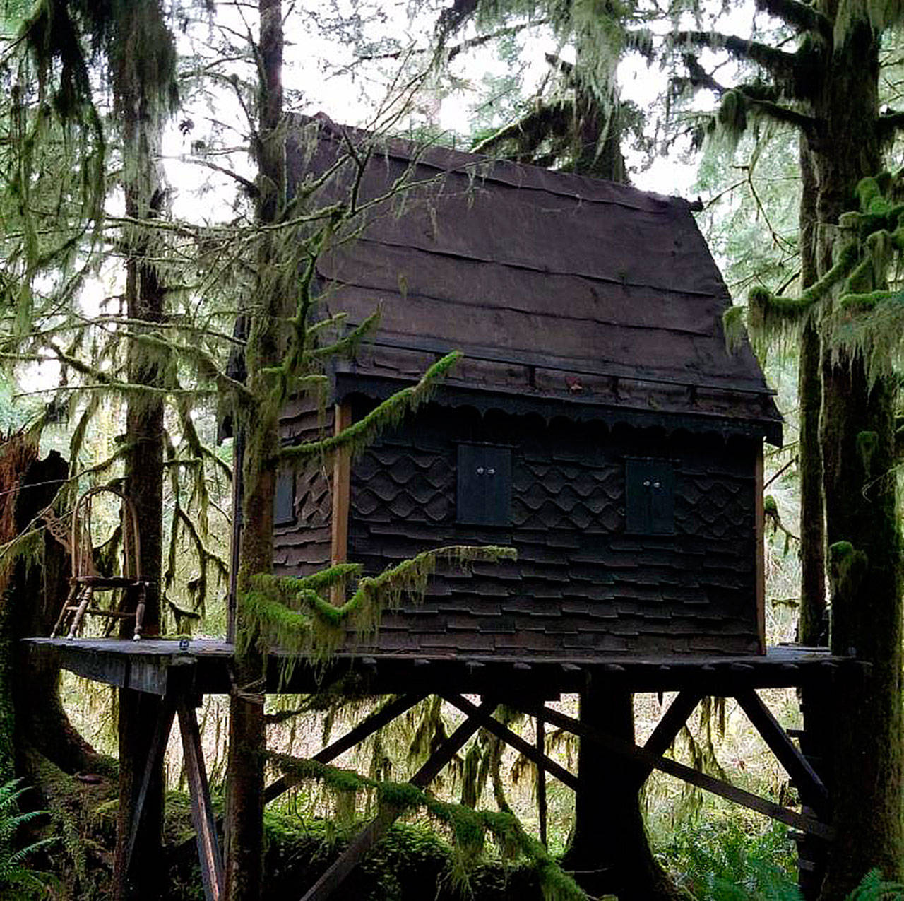 A tree house gingerbread-style cabin in the Snoqualmie National Forest has been constructed for at least seven years and was found to contain child pornography in November 2016. Photo courtesy of King County Sheriff’s Office