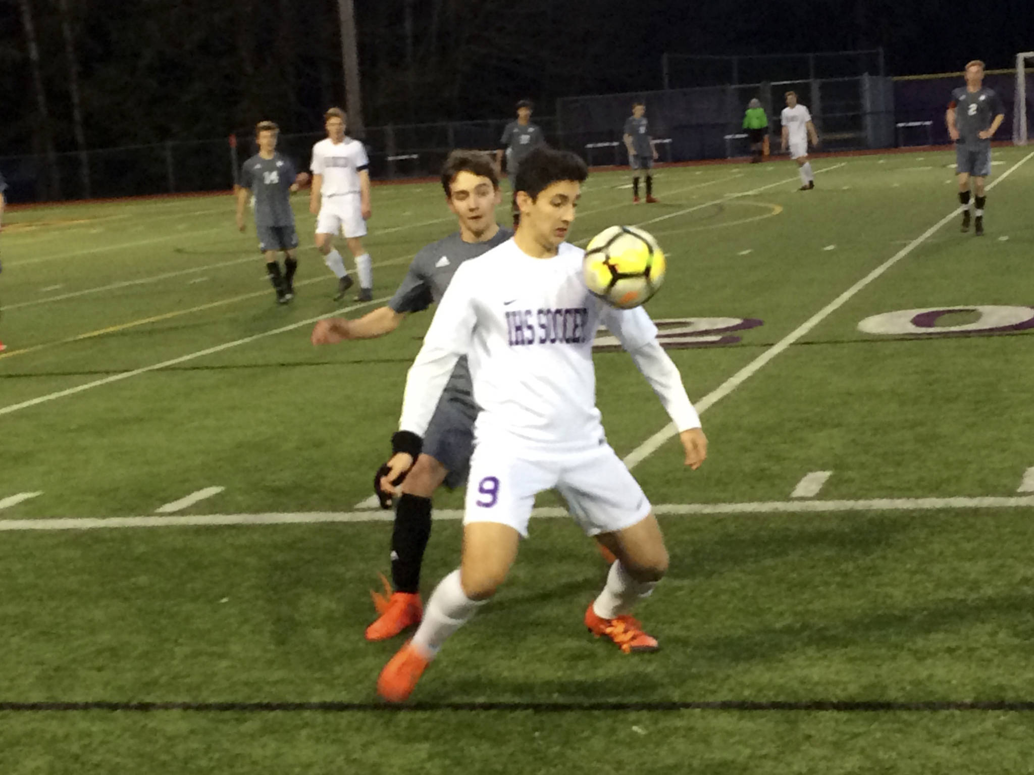 Shaun Scott, staff photo                                Issaquah Eagles forward Jacob Barsher controls the ball while being guarded by Mount Si’s Inaki McCarthy in the first half of play. Issaquah defeated Mount Si 2-0 in overtime on March 24 at Gary Moore Stadium in Issaquah.