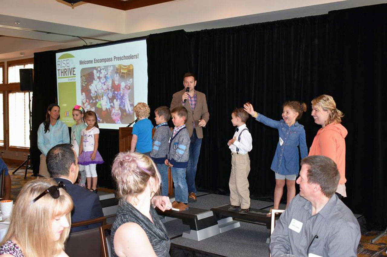 KING 5’s Chris Cashman kicked things off at the 2018 Rise and Thrive Breakfast by interviewing pint-size guests from Encompass preschool classrooms. Photo courtesy of Encompass