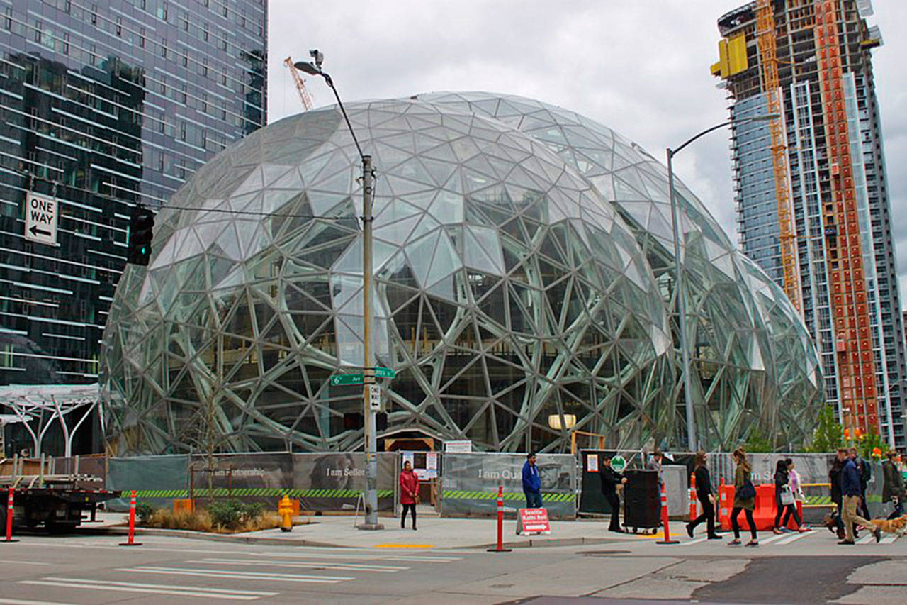 The Amazon Spheres as seen in April 2017. Wikimedia: SounderBruce