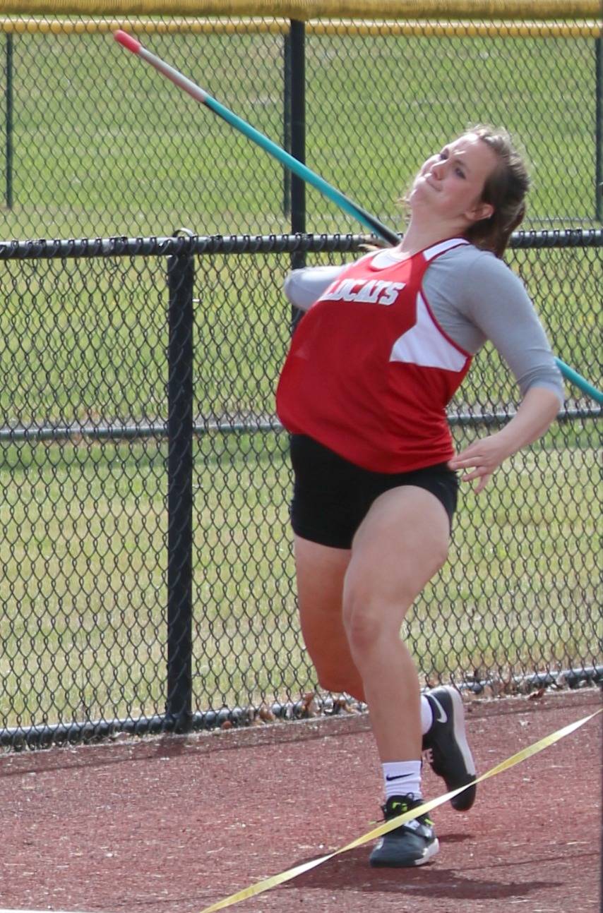 Mount Si’s Jenae Usselman unleashes the javelin at districts. Andy Nystrom / staff photo