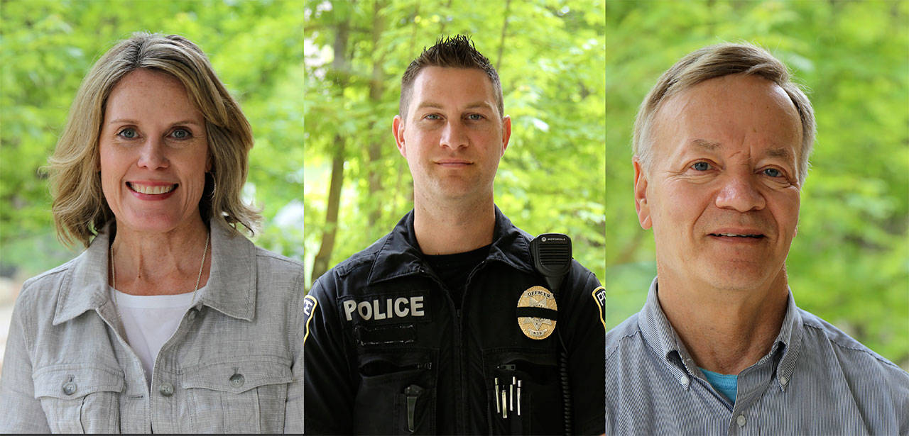 From left to right: The city of Snoqualmie hired events coordinator Nicole Wiebe, officer Jayce Gutzler and project engineer Kim D. Scattarella
