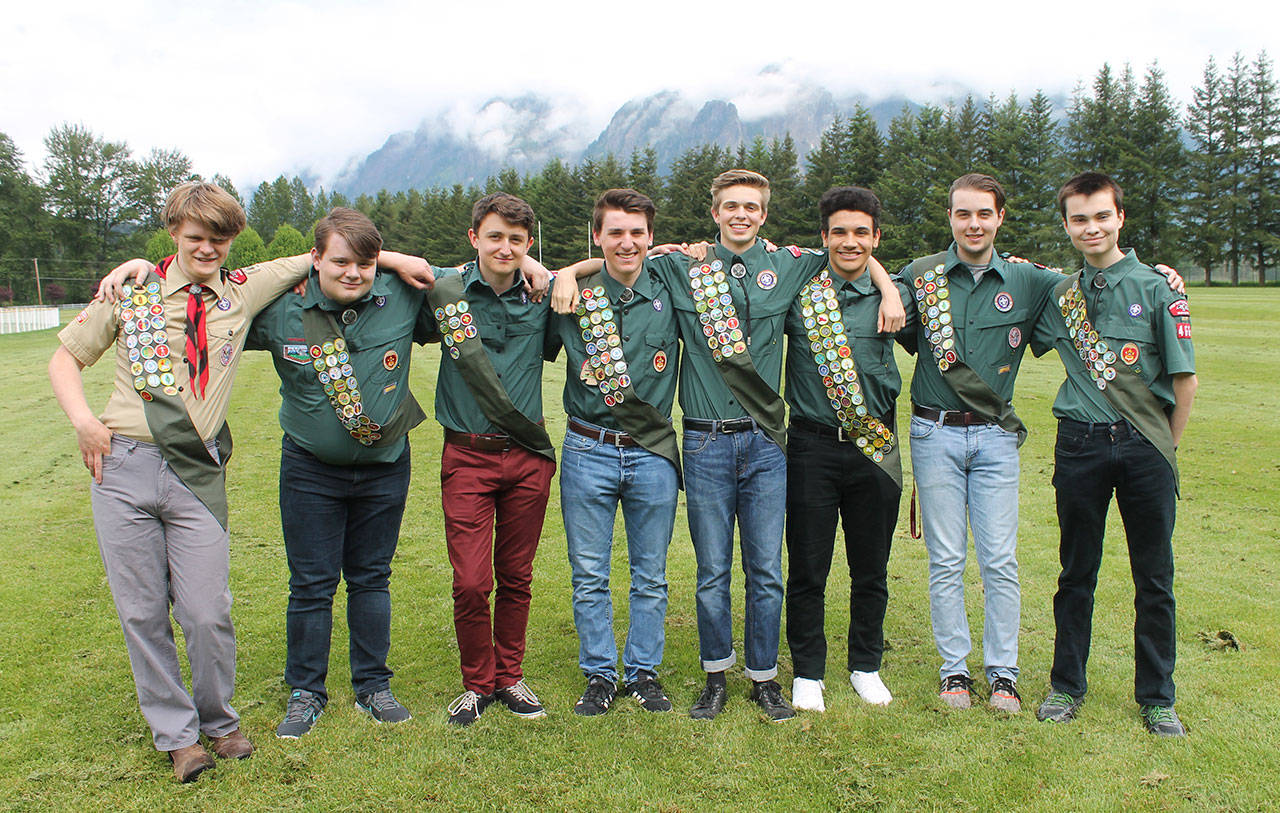 The eight scouts pose with their accumulative badges after earning their Eagle Scout ranks. Photo courtesy of Troop 466                                Eight scouts from Boy Scout Troop 466 of North Bend earned the highest rank of Eagle Scout: Ashton Fender, Will Huestis, Joey Lane, Ethan Luxton, Maddox Malcolm, Joseph Nassar, Griffin Nicolino and Zach White. Photo courtesy of Carolyn Malcolm/Snoqualmie School District