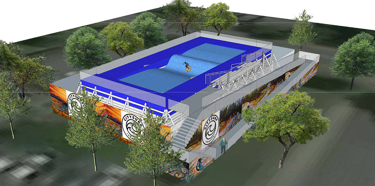 A concept drawing of the temporary surfing facility the Hosses hope to open this summer in downtown Issaquah. They hope to break ground on a permanent Highlands facility later this year. Courtesy of Trisha Hoss