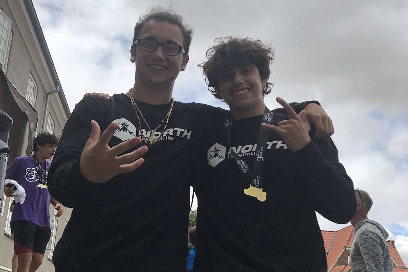 Mount Si High School junior Rammy O’Keeffe, right, poses for a picture with his best friend Jaxon Cosina, left. O’Keeffe is an avid “Garden Trampoline” competitor and recently tested his skills against top notch athletes in Denmark from July 31-Aug. 6. Photo courtesy of Chatty O’Keeffe