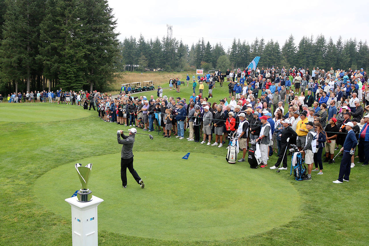 Willie Wood takes the first shot of the tournament on Friday morning in Snoqualmie. Evan Pappas/Staff Photo