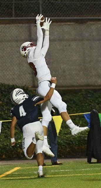 Mount Si’s Jonny Barrett snags a 5-yard touchdown pass from Cale Millen during the Wildcats’ 52-28 win over Skyview on Sept. 14. Mount Si (3-0) has also defeated Wenatchee (52-0) and Kentwood (54-10) this season. The Wildcats will host Woodinville at 7 p.m. Friday. Courtesy of Calder Productions