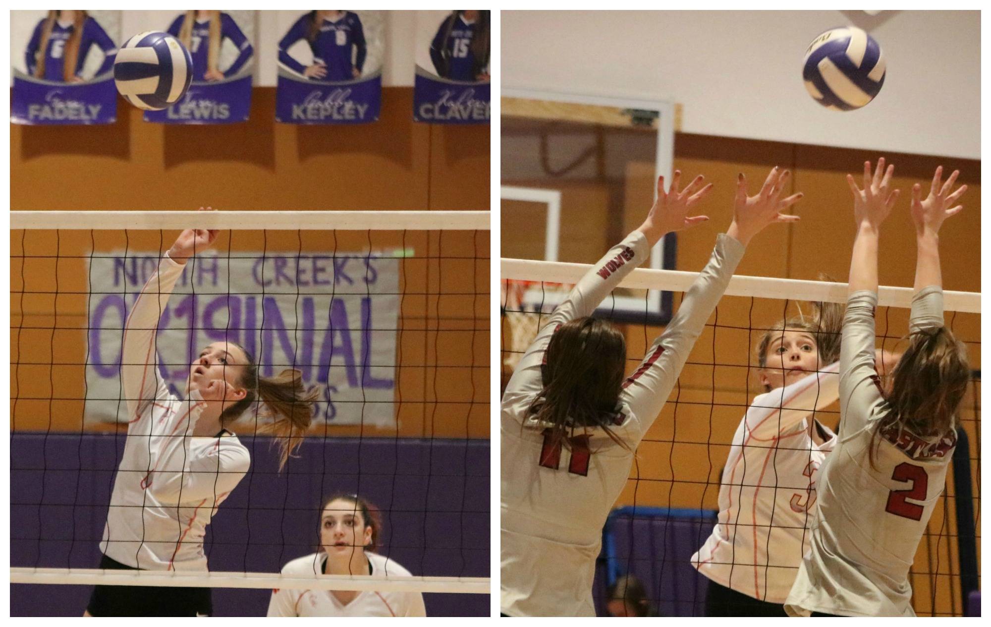 Mount Si High volleyballers Megan Underbrink and Hayley West (left) and Bailey Showalter (right) compete against Eastlake High during the 4A KingCo tournament on Oct. 25 at North Creek High. Eastlake won, 3-0. Mount Si beat Redmond, 3-1, and lost to Skyline, 0-3, on Saturday. They will play Bothell at 5:30 p.m. Oct. 30 for the fifth- and sixth-place spots to district. Staff photos by Andy Nystrom