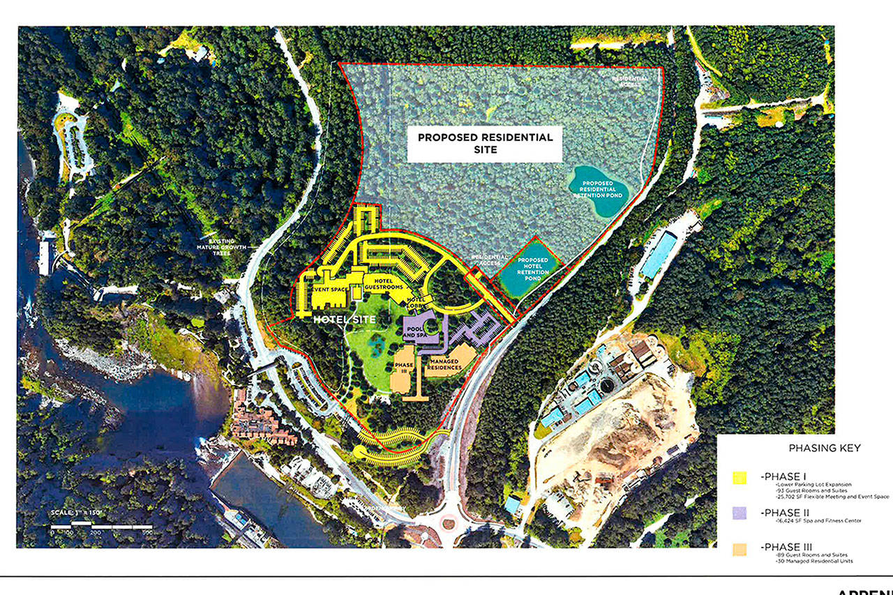 The three phases of the Salish expansion development segmented by color. Between phases one and three there will be 182 hotel rooms. Image courtesy of the city of Snoqualmie