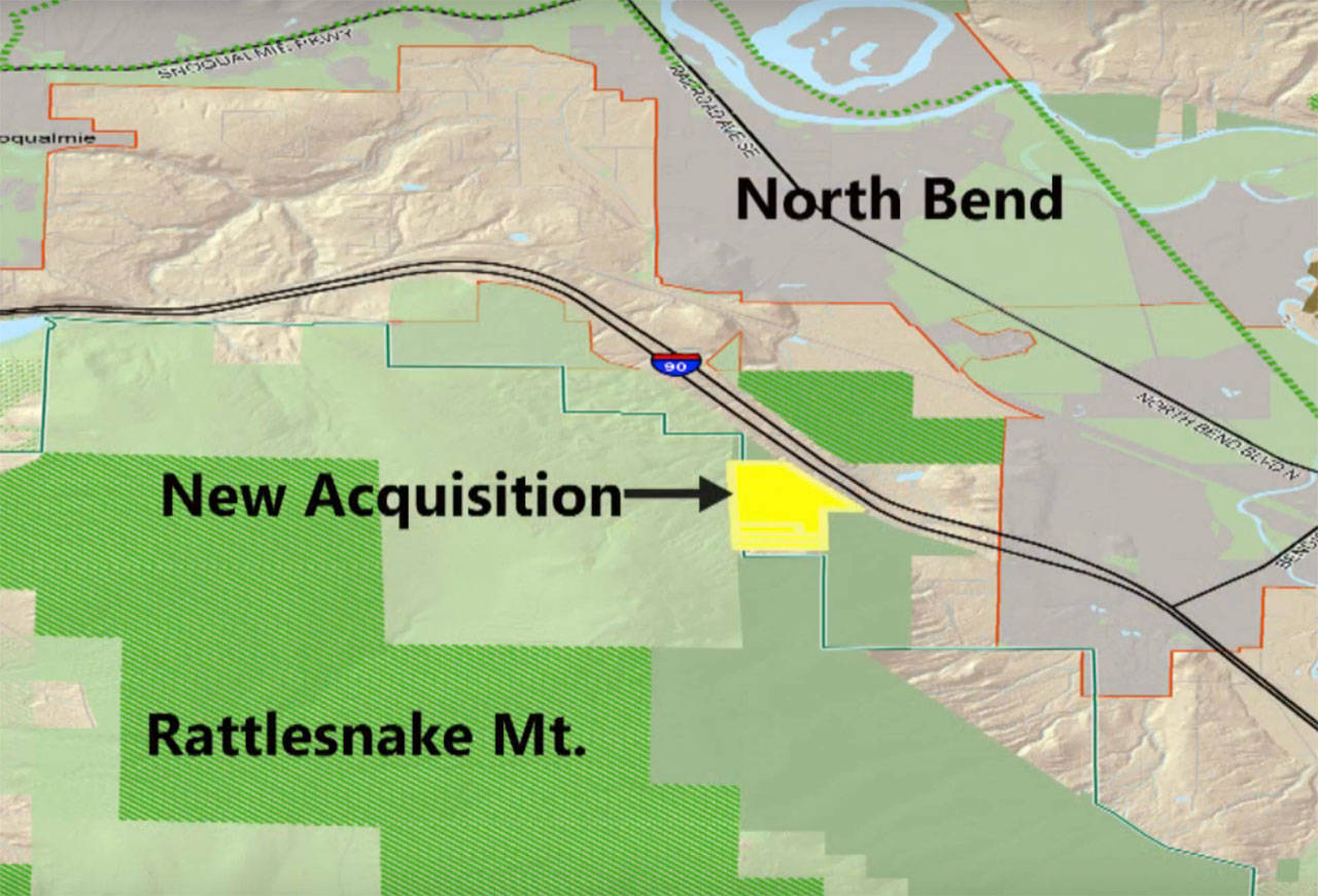 A map of the newly acquired 80 acre parcel which will be added to the Rattlesnake Mountain Scenic Area. King County Natural Resources and Parks