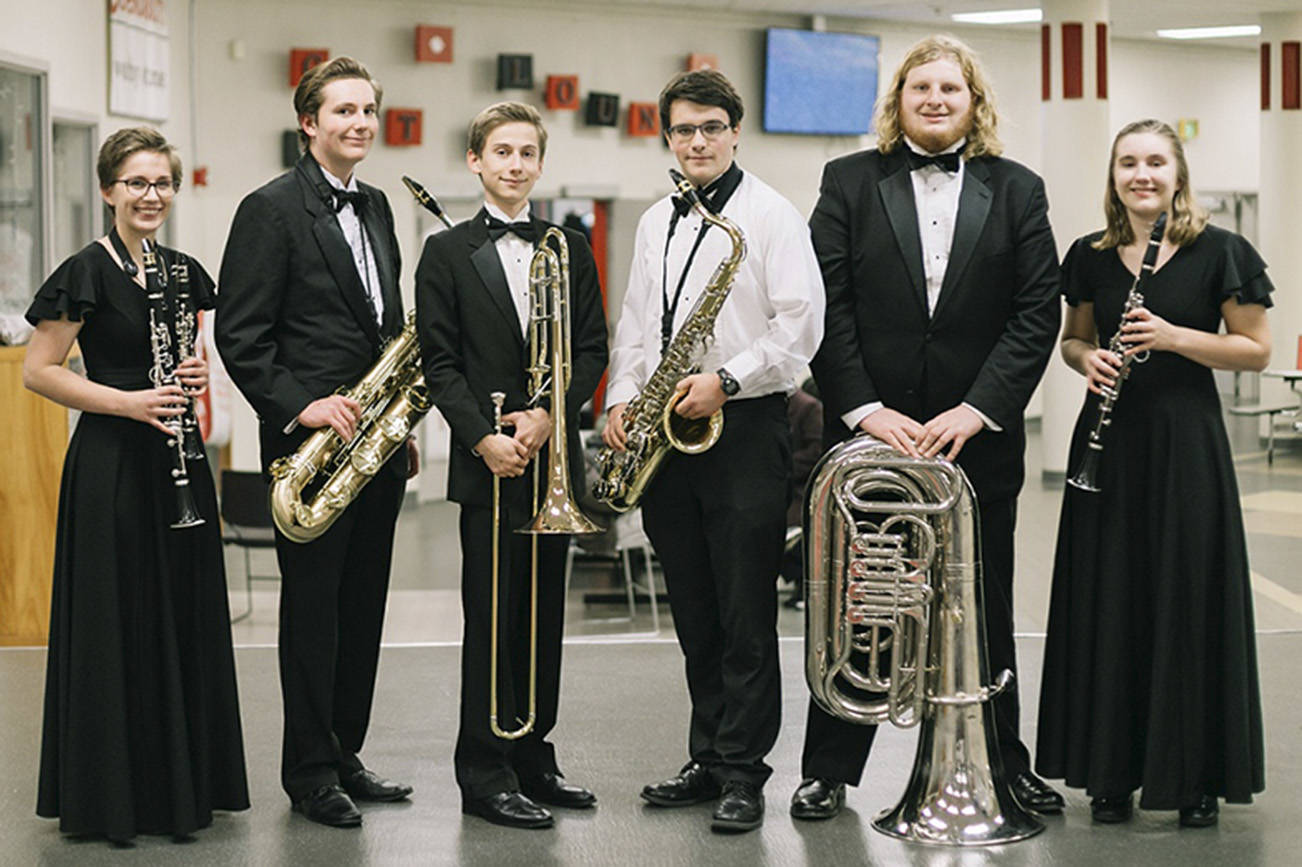 Mary Piekarczyk, Elijah Wray, James Kolke, Ryan Myrvold, Erik Thurston and Hannah Stoddard were selected for the Western International Band Clinic held last month. Photo courtesy of Mount Si High School