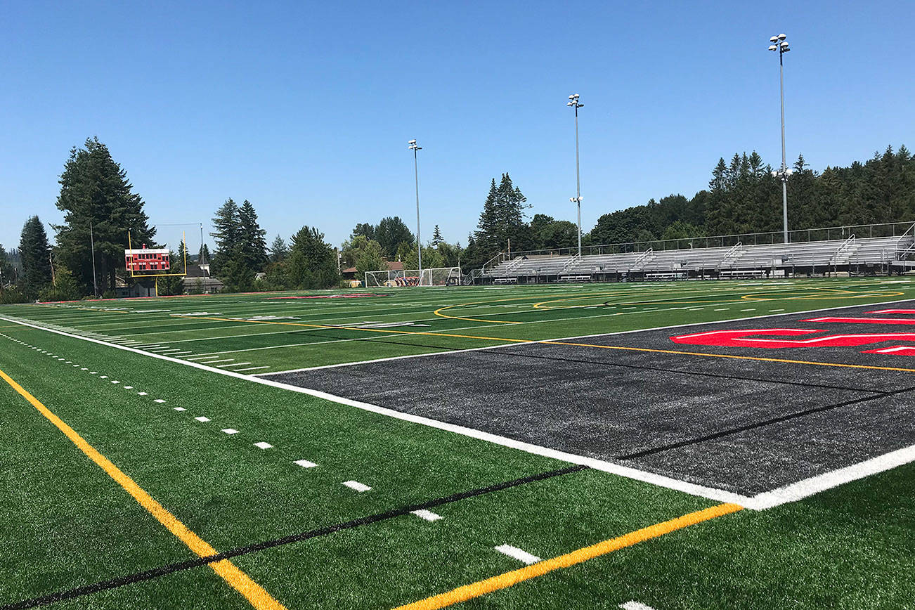 The Mount Si High School stadium field received a makeover this summer. New synthetic artificial turf was installed in mid-July. It was the first time the playing surface at Mount Si High School had been replaced since 2005. Shaun Scott, staff photo
