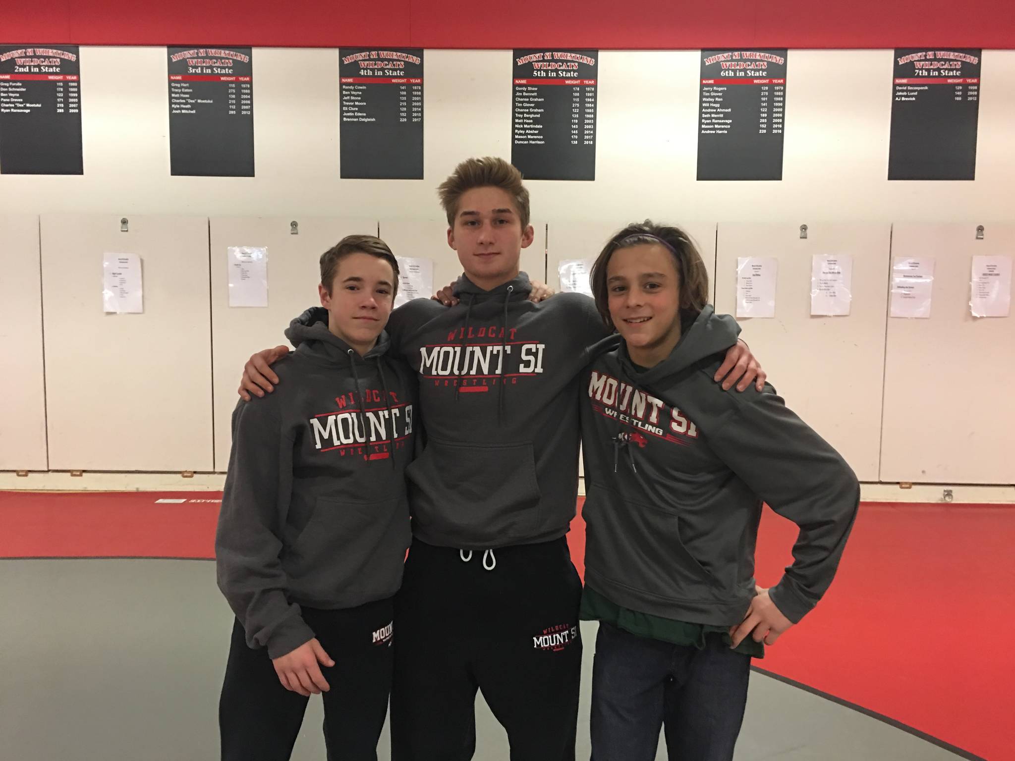 Mount Si’s wrestling stars, from left to right, Mark Marum, Spencer Marenco and Tryon Kaess. Courtesy of Tony Schlotfeldt