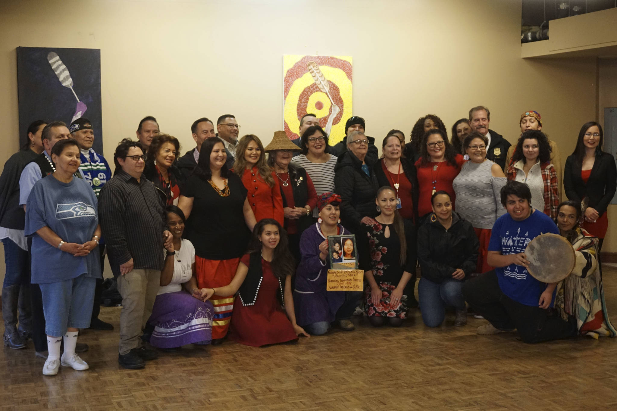 Attendees gather after the Dec. 21, 2018, meeting at Seattle’s Daybreak Star Indian Cultural Center. Photo by Melissa Hellmann