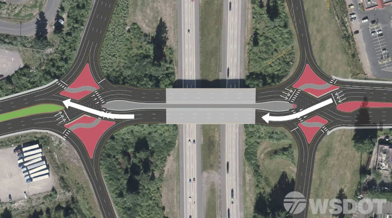 An example of the diverging diamond used in WSDOT’s explanation of the design. The video is part of Mayor Matt Larson’s interchange update video available on the city’s YouTube channel. (Courtesy Photo)