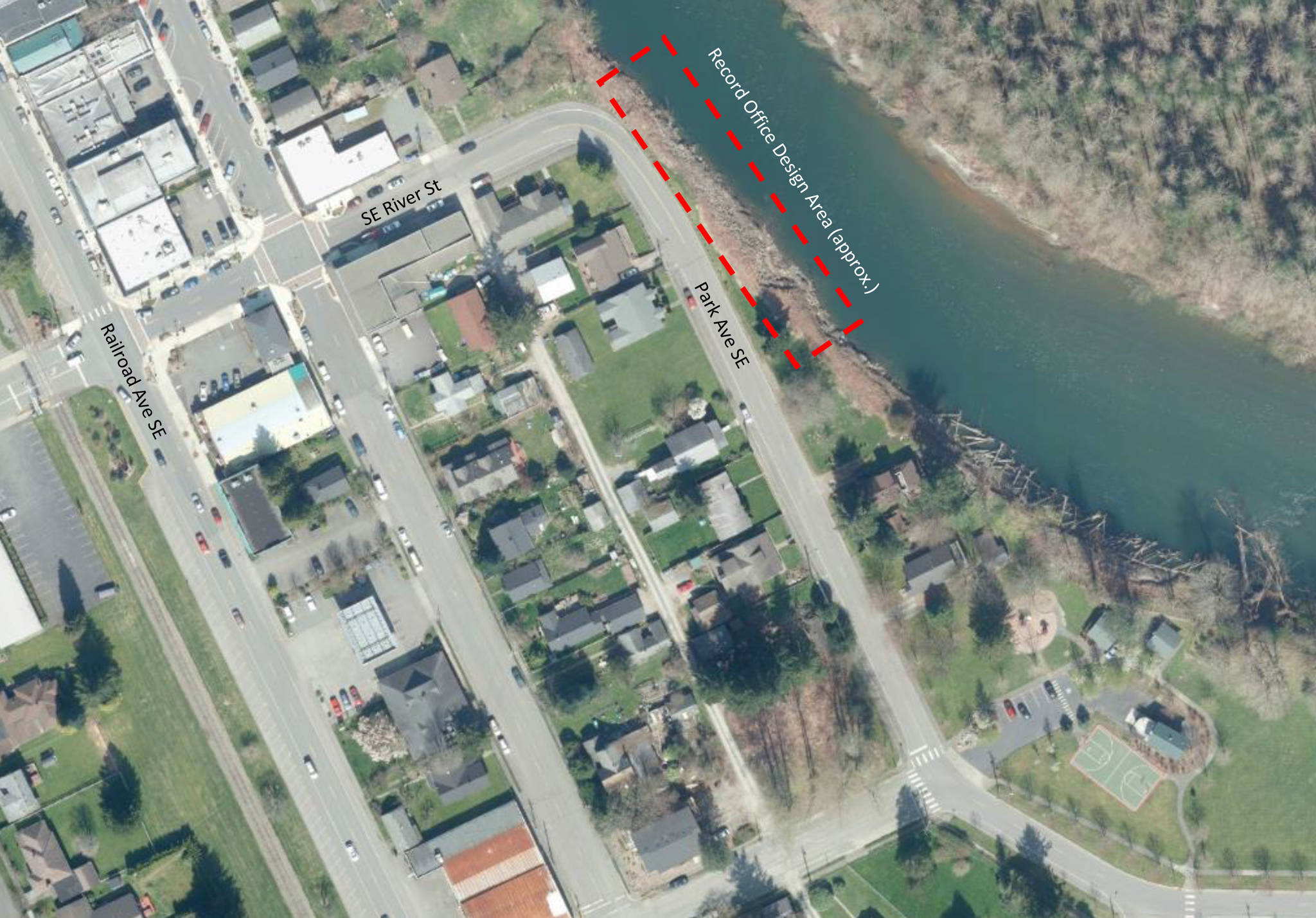 The section of riverbank just off the corner of SE River Street and Park Avenue SE in downtown Snoqualmie, is planned to be stabilized with the installation of revetments. Courtesy Image