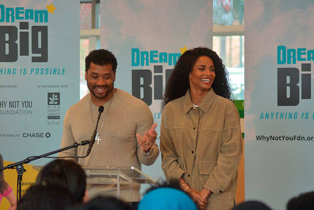 Russell Wilson and Ciara spoke Friday at the Tukwila Library to Foster students and other attendees as their Why Not You Foundation joined forces with the King County Library System and JPMorgan Chase to launch the DREAM BIG: Anything is Possible campaign. Photo by Kayse Angel