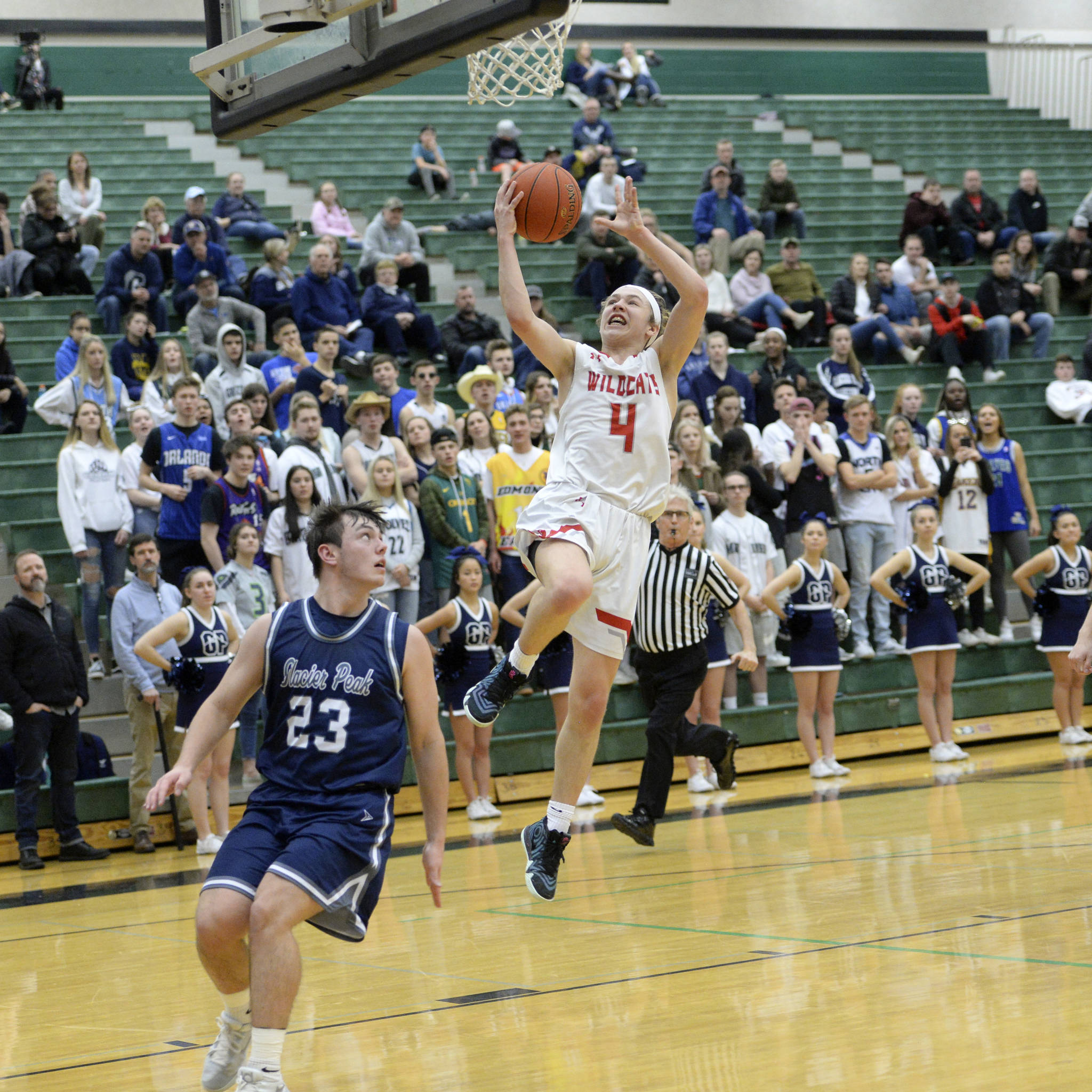 Mount Si Wildcats freshman guard Bennett OConnor takes the ball strong to the hoop against Glacier Peak on Feb. 16. Mount Si earned a 60-53 overtime victory, clinching a berth in the district title game. Mount Si notched a 65-56 victory over Jackson to win the 4A WesKing District title on Feb. 18. The Wildcats (23-2) will play in the regionals this weekend at a place and time to be determined at the Record deadline. Photo courtesy of Calder Productions
