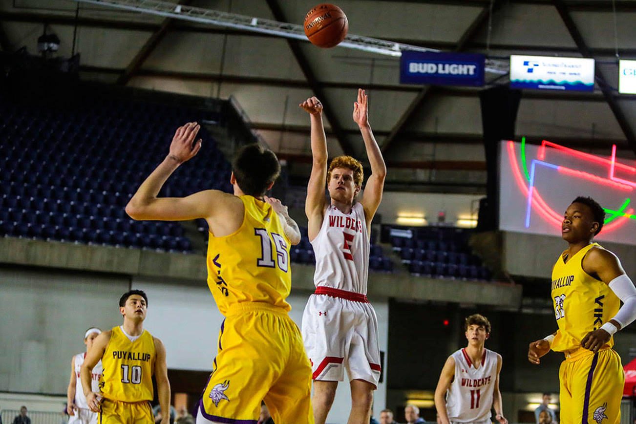 Mount Si Wildcats player Jabe Mullins, pictured, scored 13 points against the Puyallup Vikings in the Class 4A state quarterfinals on Feb. 28 at the Tacoma Dome. Mount Si defeated Puyallup 45-40. Photo courtesy of Don Borin/Stop Action Photography