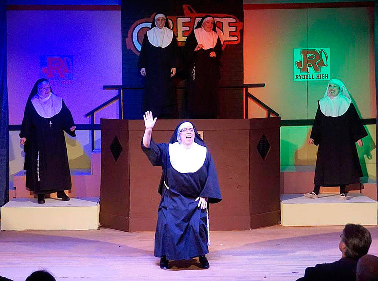 The nuns work together to stage a talent show to raise money. From left: Mother Superior (Stacie Hart), Sister Robert Anne (Amelia Medina), Sister Mary Amnesia (Carrie Sleeper-Bowers), Sister Leo (Holly Madland)                                In front: Sister Hubert (Julie Lester). Photo courtesy of René Schuchter.