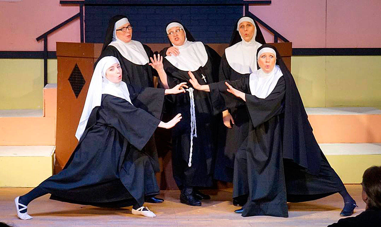 Valley Center Stage presents “Nunsense.” From left Sister Leo (Holly Madland), Sister Hubert (Julie Lester), Mother Superior (Stacie Hart), Sister Robert Anne (Amelia Medina) and Sister Mary Amnesia (Carrie Sleeper-Bowers). Photo courtesy of René Schuchter