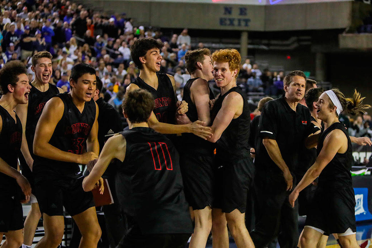 Mount Si Wildcats celebrate along the bench just seconds following the final buzzer in the Class 4A state semifinals. Mount Si defeated the Curtis Vikings 53-46 in the Class 4A state semifinals on March 1 at the Tacoma Dome. Photo courtesy of Don Borin/Stop Action Photography