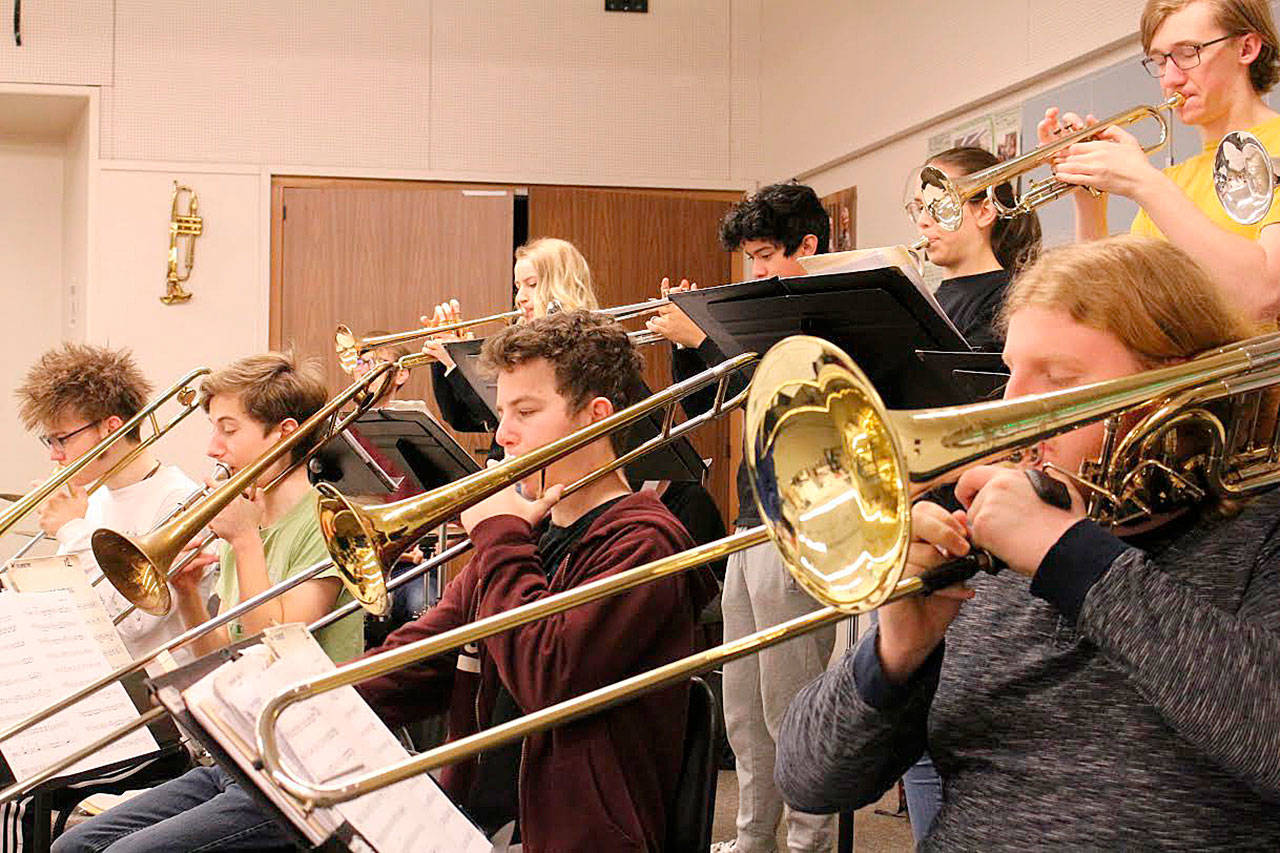 The MSHS jazz band practices for the upcoming Essentially Ellington High School Jazz Band Competition & Festival in New York City. Back row from left: Sage Eisenhour, Ethan Horn, Paula Bachtal, Brandon Wilhite. Front row from left: Tate Satterlee, James Kolke, Corey Gazit, Erik Thurston. Madison Miller/staff photo