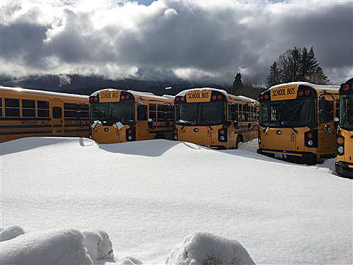 SVSD bus yard following snowstorm. Photo courtesy of Snoqualmie Valley School District