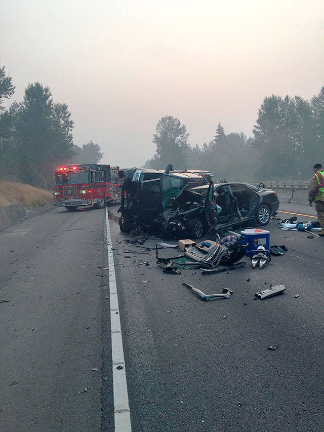 A DUI collision on State Route 18 that pinned a driver in their car. The 7-mile stretch of SR 18 between Issaquah-Hobart Road and Raging River hosts a disproportionate number of crashes for the amount of traffic it carries, according to state traffic data. Photo courtesy of State Trooper Rick Johnson