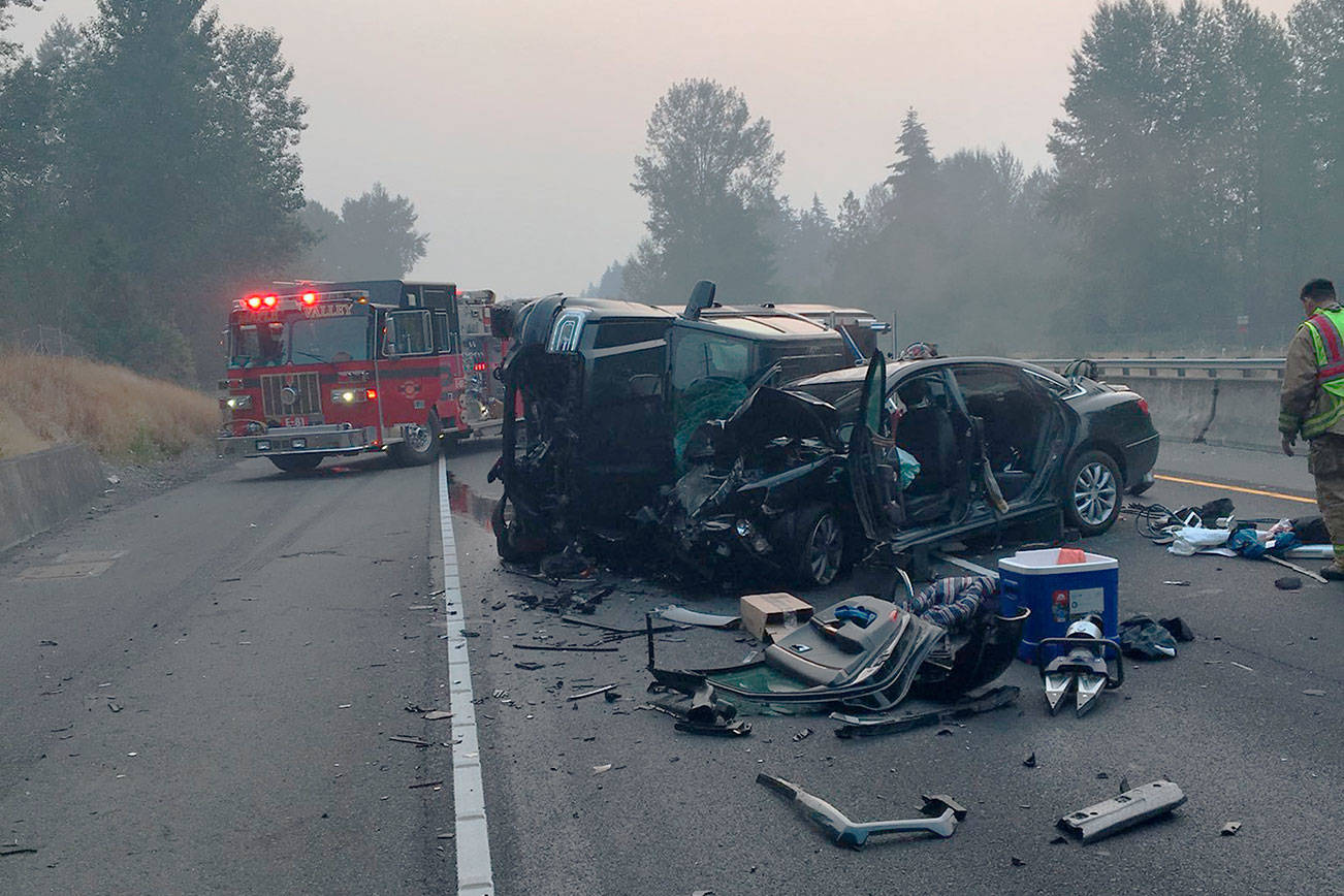 A DUI collision on State Route 18 that pinned a driver in their car. The 7-mile stretch of SR 18 between Issaquah-Hobart Road and Raging River hosts a disproportionate number of crashes for the amount of traffic it carries, according to state traffic data. Photo courtesy of State Trooper Rick Johnson