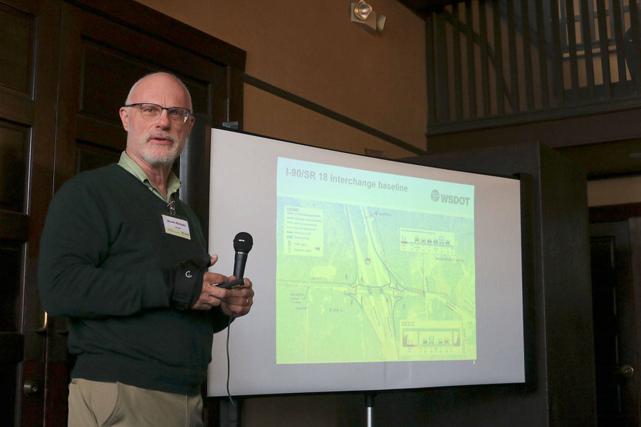 WSDOT’s Kevin Nichols gives the Snoqualmie Valley Chamber of Commerce an update on the status of the I-90 and SR18 interchange project on March 27. Evan Pappas/Staff Photo
