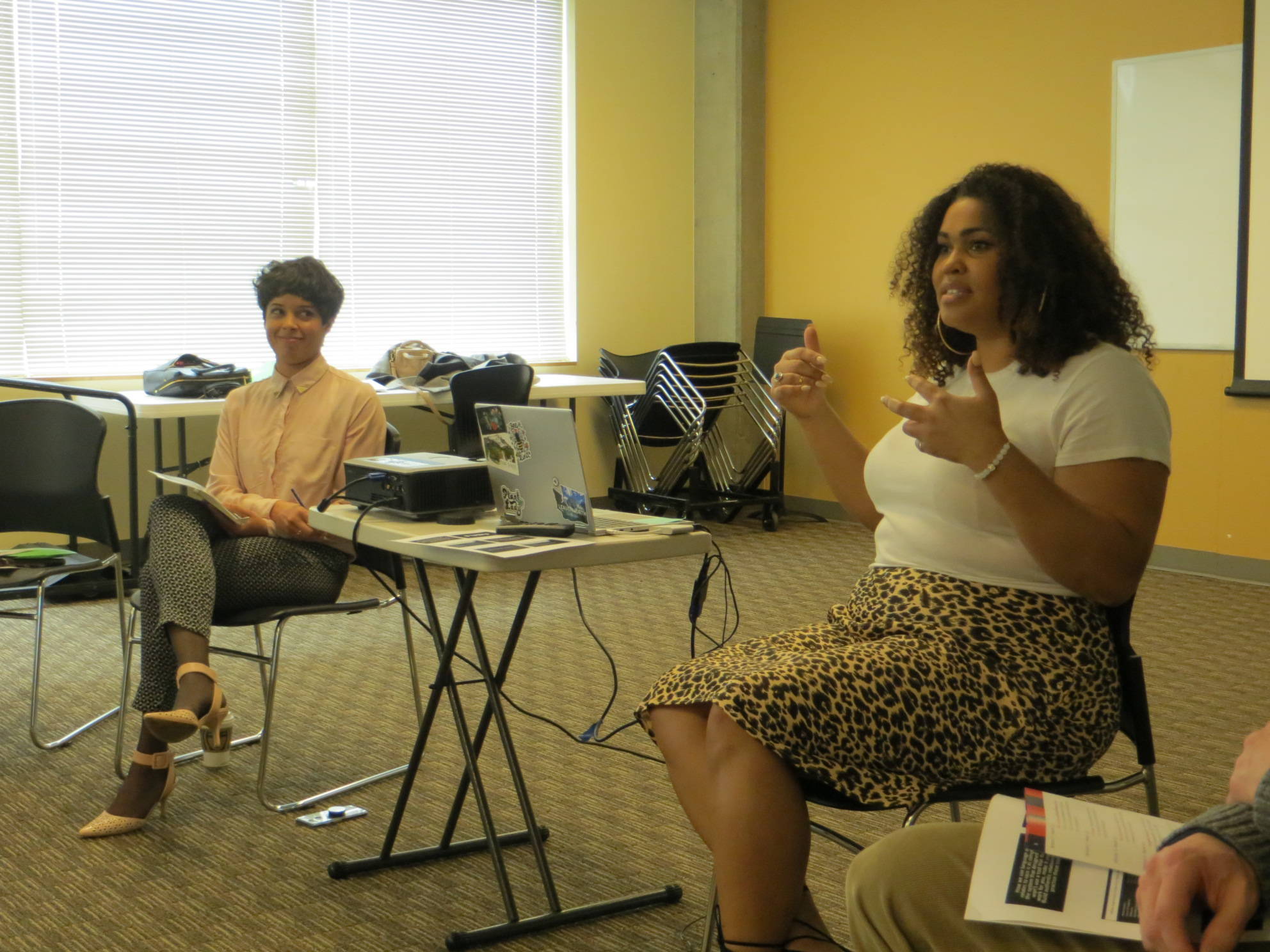 From left, Rachel Ramirez-Silva and Kalika Curry lead a discussion on talking about race at the Eastside Race and Leadership Coalition’s race and equity summit. Samantha Pak/staff photo