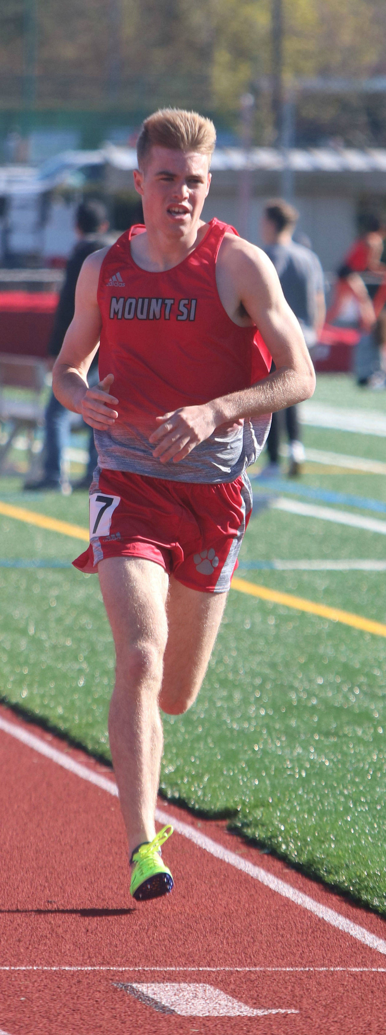 Mount Si High senior Joe Waskom runs to first place in the 1,600 in 4:14.17 on April 17 at Newport High. That time is tops in the 4A state rankings at press time. He is also first in the 4A state rankings in the 3,200 in 8:56.52, a personal record set at the Arcadia Invitational. Waskom won the 3,200 at 4A state last year with a time of 8:57.66. The strider is first in 4A KingCo and second in 4A state in the 800 with a mark of 1:56.62, also a PR. In the 3,000, Waskom tops the 4A state and district rankings with a 8:24.41, a PR set at Arcadia. Waskom — who won the 4A state cross country title last fall — is first in 4A KingCo and 4A District 2 in the 800, 1,600 and 3,200 races. Andy Nystrom / staff photo