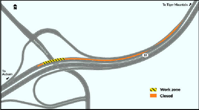 Work crews will be repaving the Issaquah-Hobart Road overpass of State Route 18, closing one lane at a time around-the-clock until mid-July. This map shows the closure plan for the right lane. WSDOT / courtesy photo