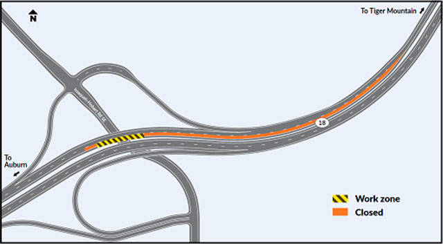 WSDOT / courtesy photo                                Work crews will be repaving the Issaquah-Hobart Road overpass of State Route 18, closing one lane at a time around-the-clock until mid-July. This map shows the closure plan for the left lane.
